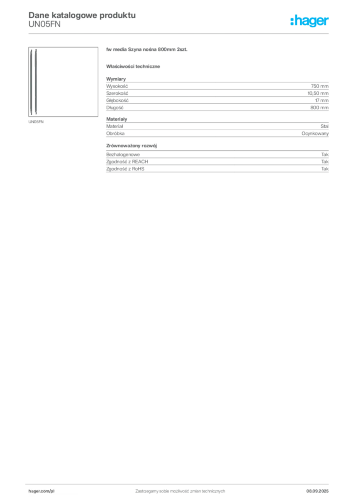 Zdjęcie Hager Dane katalogowe produktu UN05FN | Hager Polska