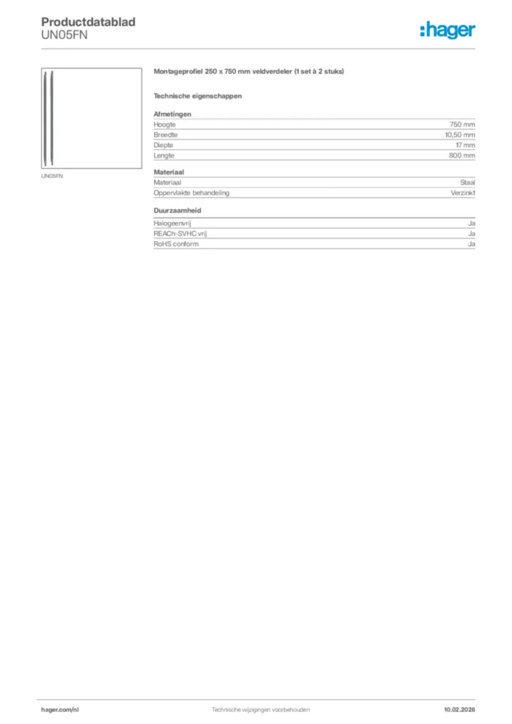 Afbeelding Hager Productdatablad UN05FN | Hager Nederland
