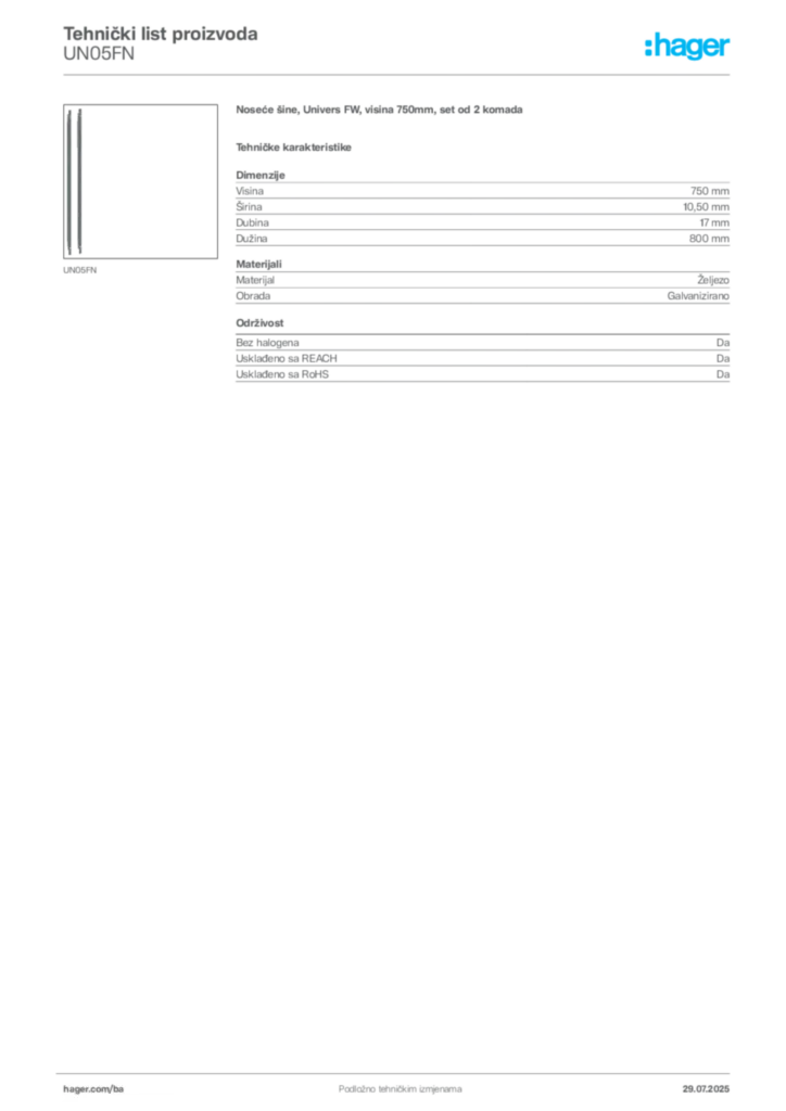 Slika Hager Product data sheet UN05FN  | Hager
