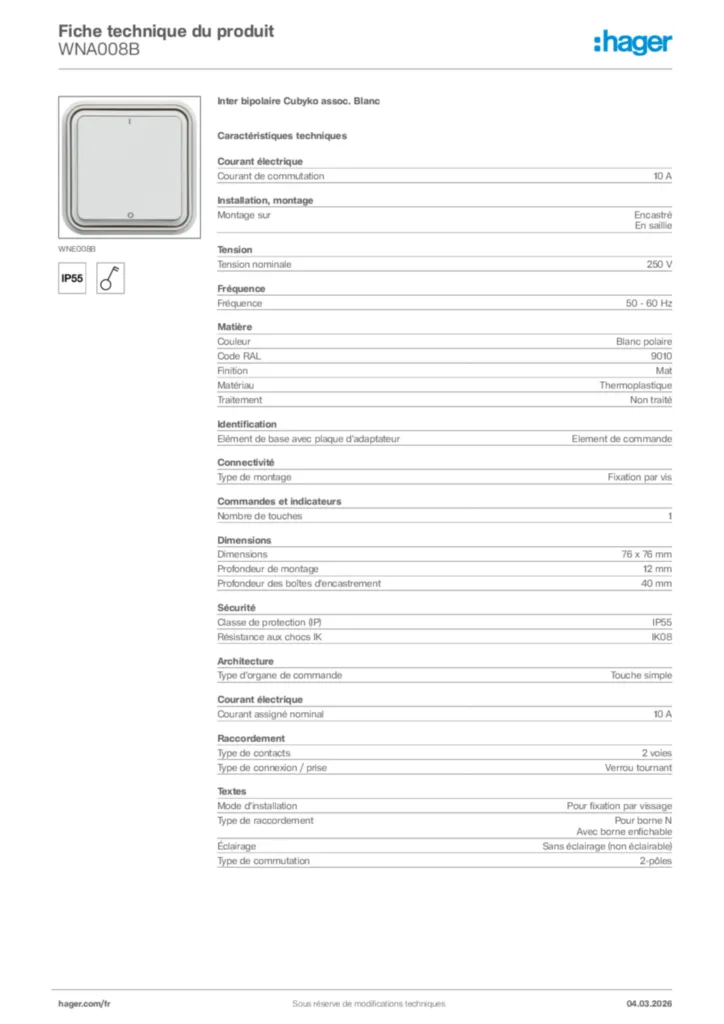 Image Hager Fiche technique du produit WNA008B | Hager France