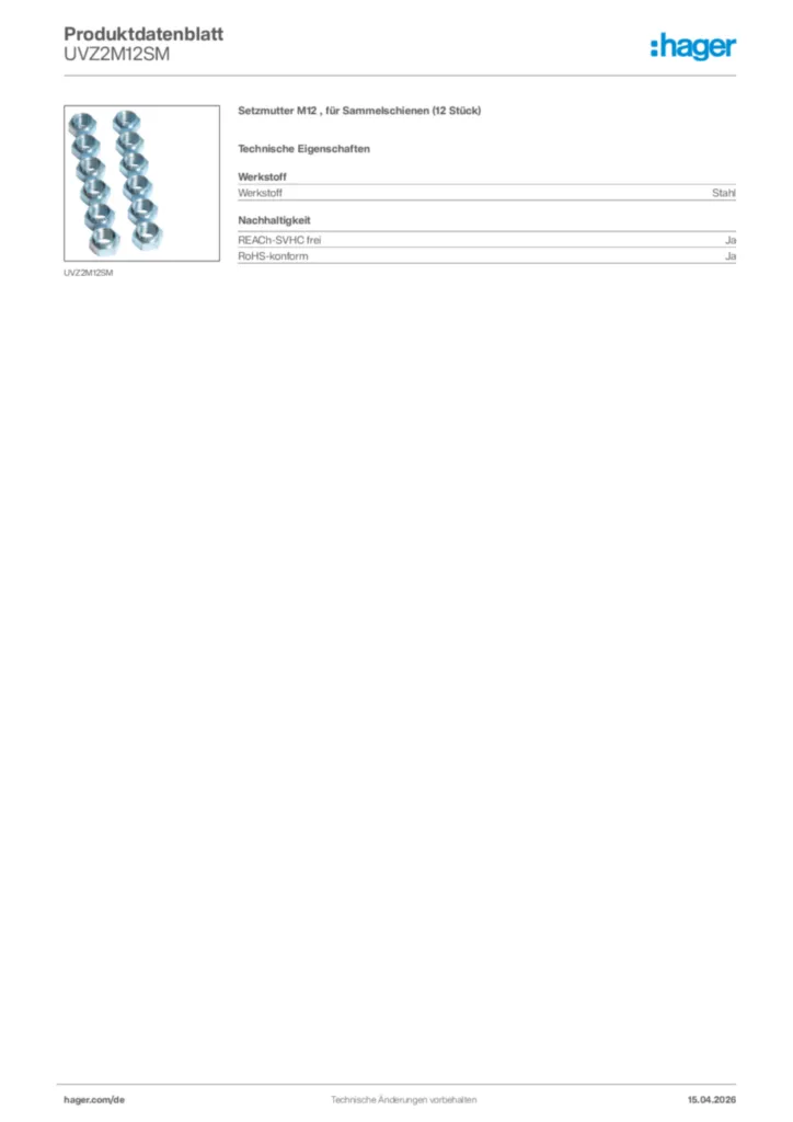 Bild Hager Produktdatenblatt UVZ2M12SM | Hager Deutschland
