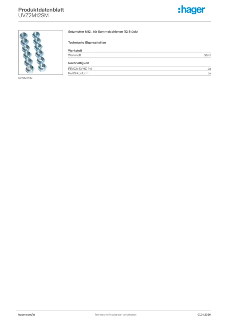 Bild Hager Produktdatenblatt UVZ2M12SM | Hager Deutschland