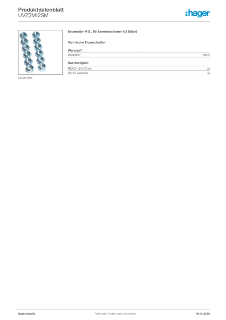 Bild Hager Produktdatenblatt UVZ2M12SM | Hager Deutschland
