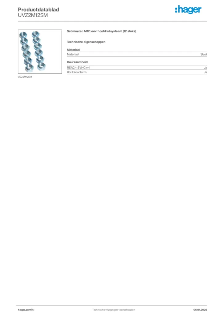 Afbeelding Hager Productdatablad UVZ2M12SM | Hager Nederland