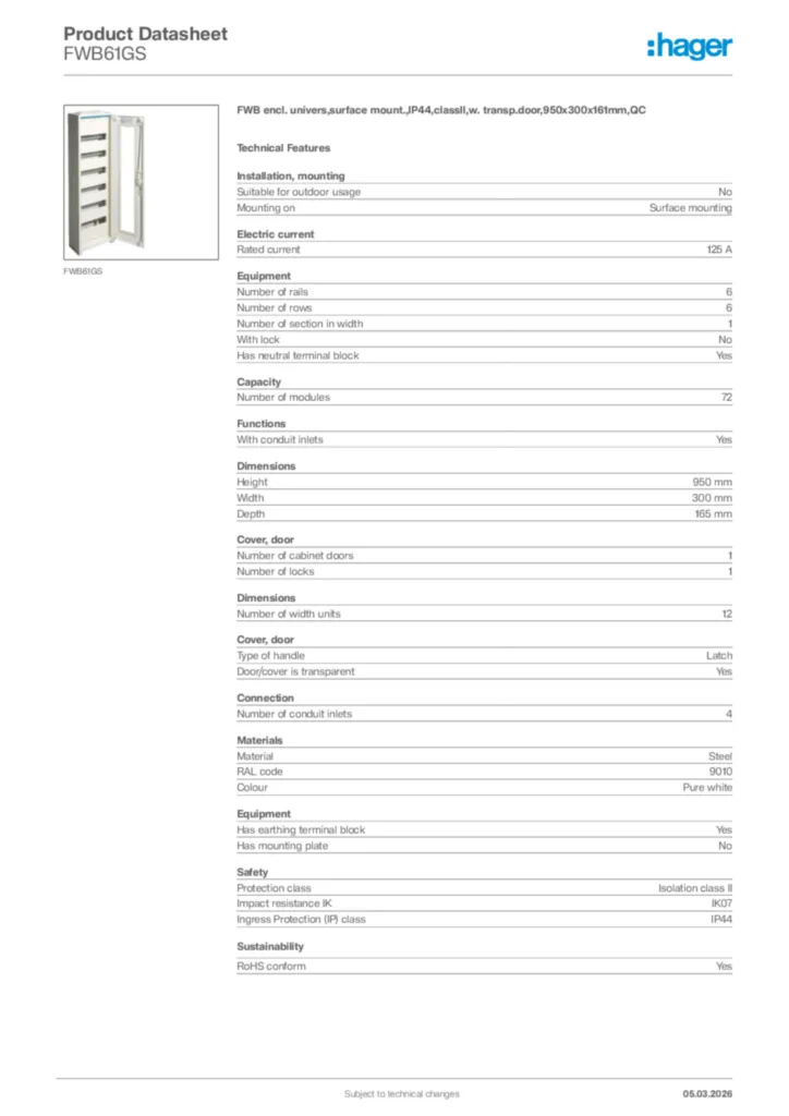 Image Hager Product data sheet FWB61GS  | Hager Africa