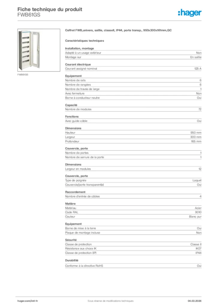Image Hager Fiche technique du produit FWB61GS | Hager Afrique