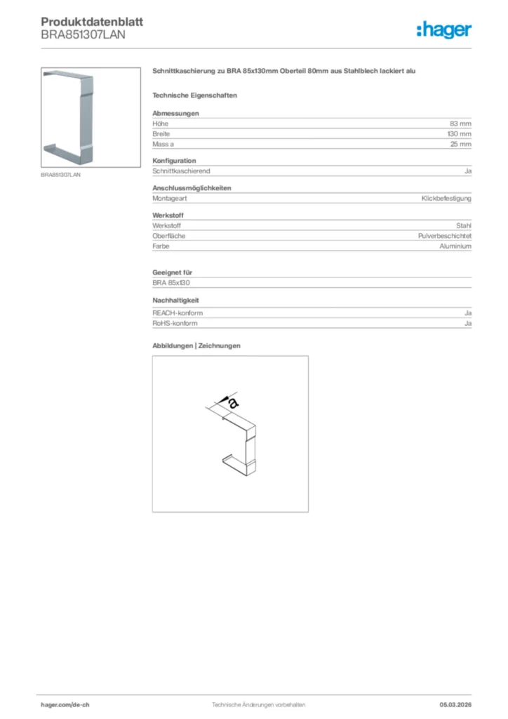Bild Hager Produktdatenblatt BRA851307LAN | Hager Schweiz
