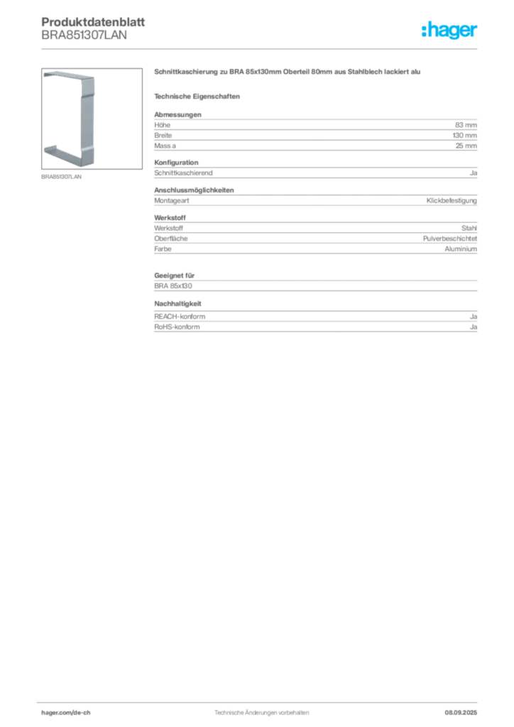 Bild Hager Produktdatenblatt BRA851307LAN | Hager Schweiz