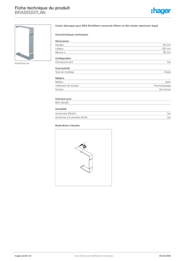 Image Hager Fiche technique du produit BRA851307LAN | Hager Suisse