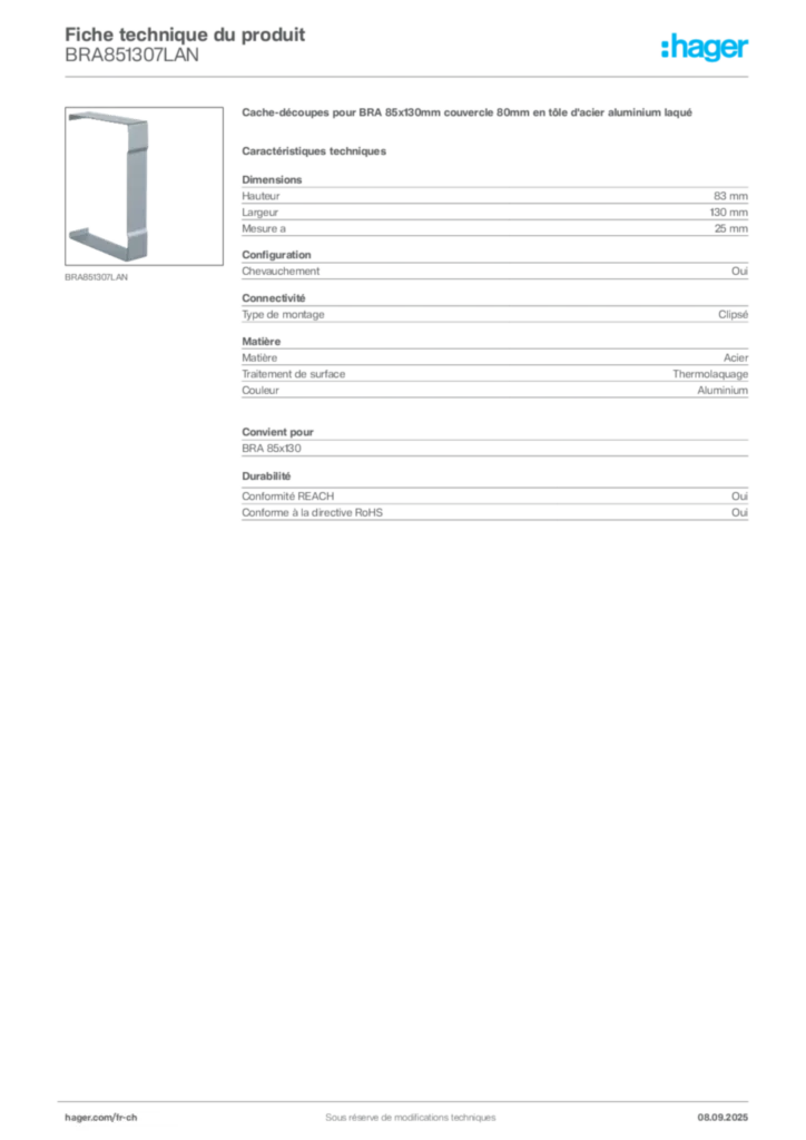Image Hager Fiche technique du produit BRA851307LAN | Hager Suisse