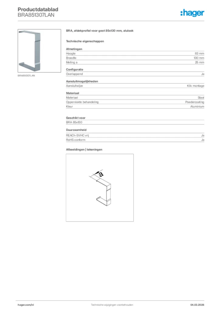 Afbeelding Hager Productdatablad BRA851307LAN | Hager Nederland