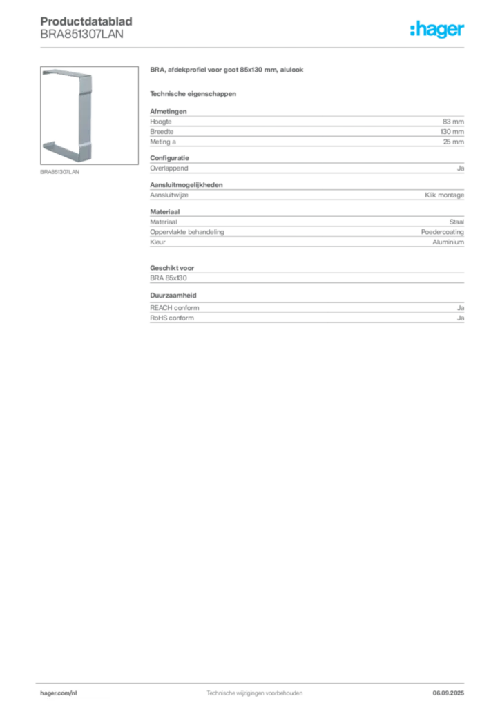 Afbeelding Hager Productdatablad BRA851307LAN | Hager Nederland