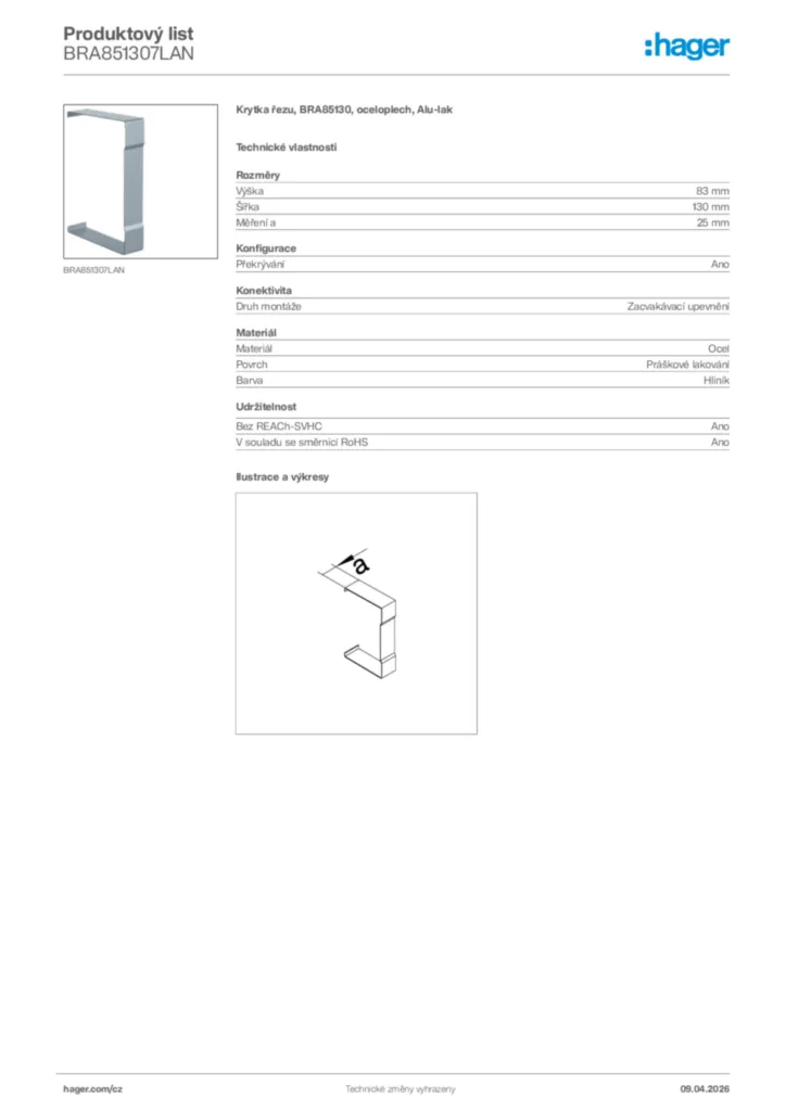 Obrázek Hager Product data sheet BRA851307LAN | Hager