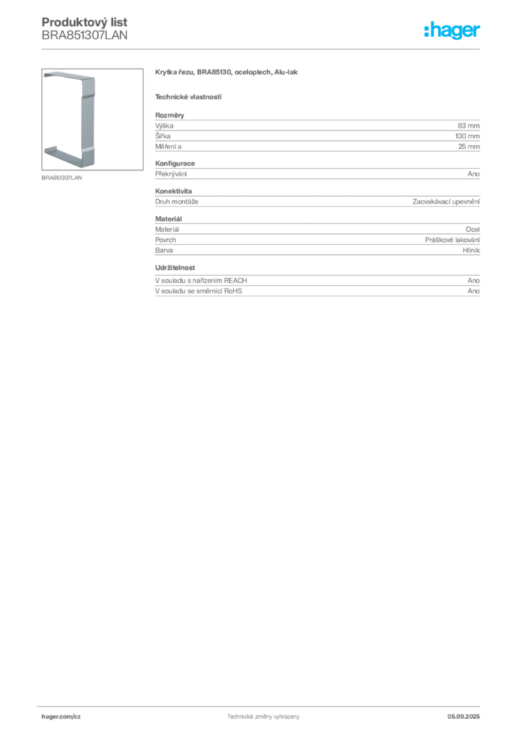 Obrázek Hager Produktový list BRA851307LAN | Hager