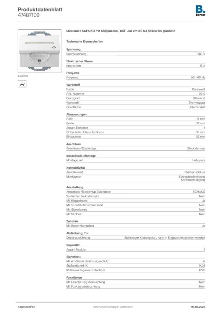 Bild Berker Produktdatenblatt 47487109 | Hager Deutschland