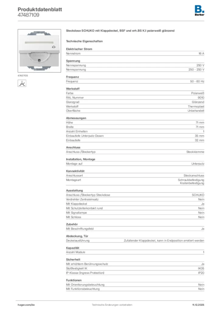 Bild Berker Produktdatenblatt 47487109 | Hager Deutschland