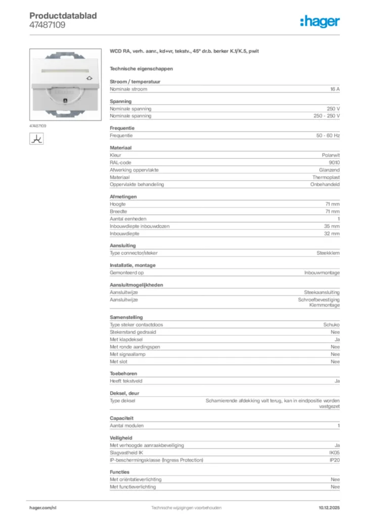Afbeelding Hager Productdatablad 47487109 | Hager Nederland
