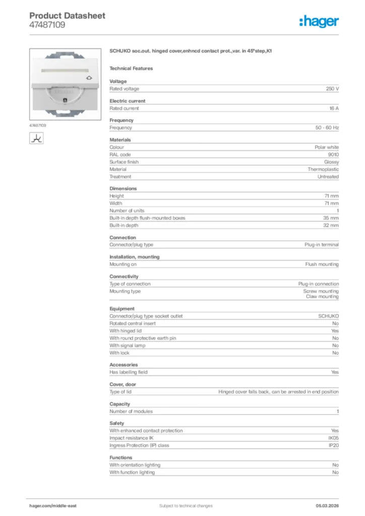 Image Hager Product data sheet 47487109  | Hager