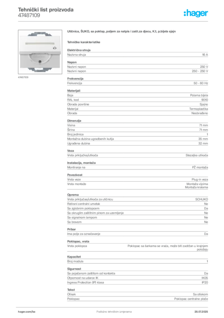 Slika Hager Product data sheet 47487109  | Hager