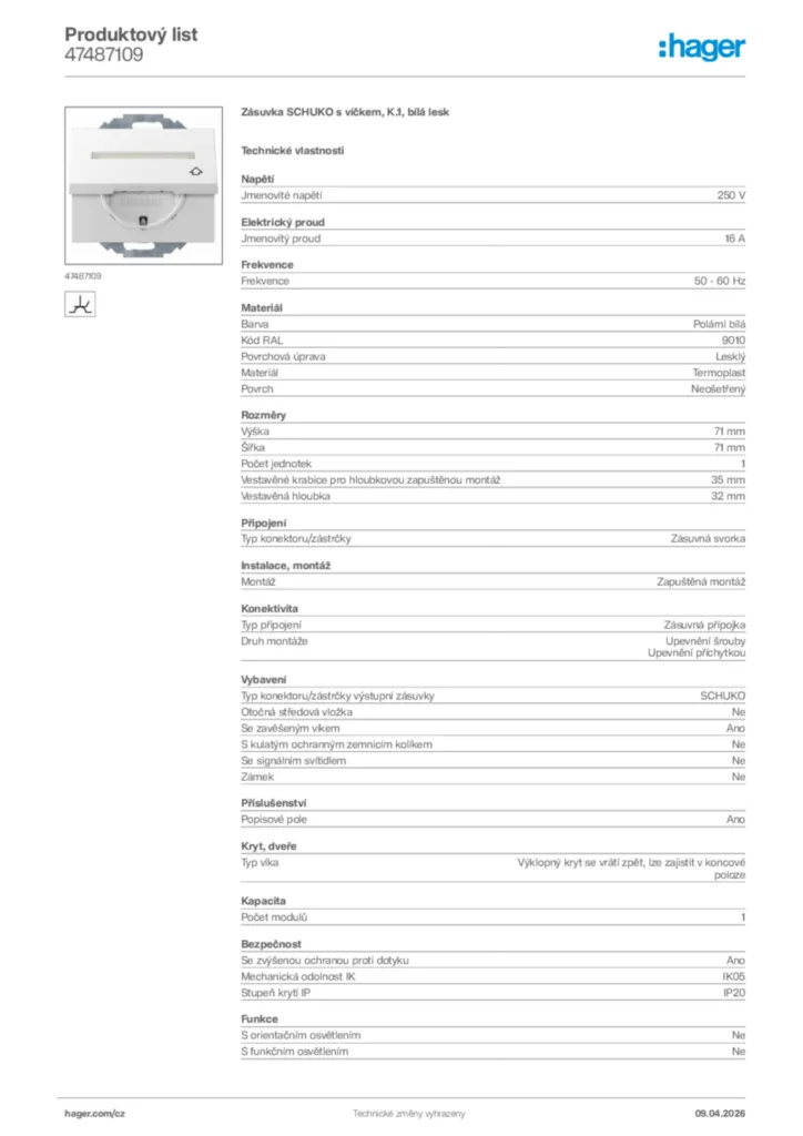 Obrázek Hager Product data sheet 47487109 | Hager