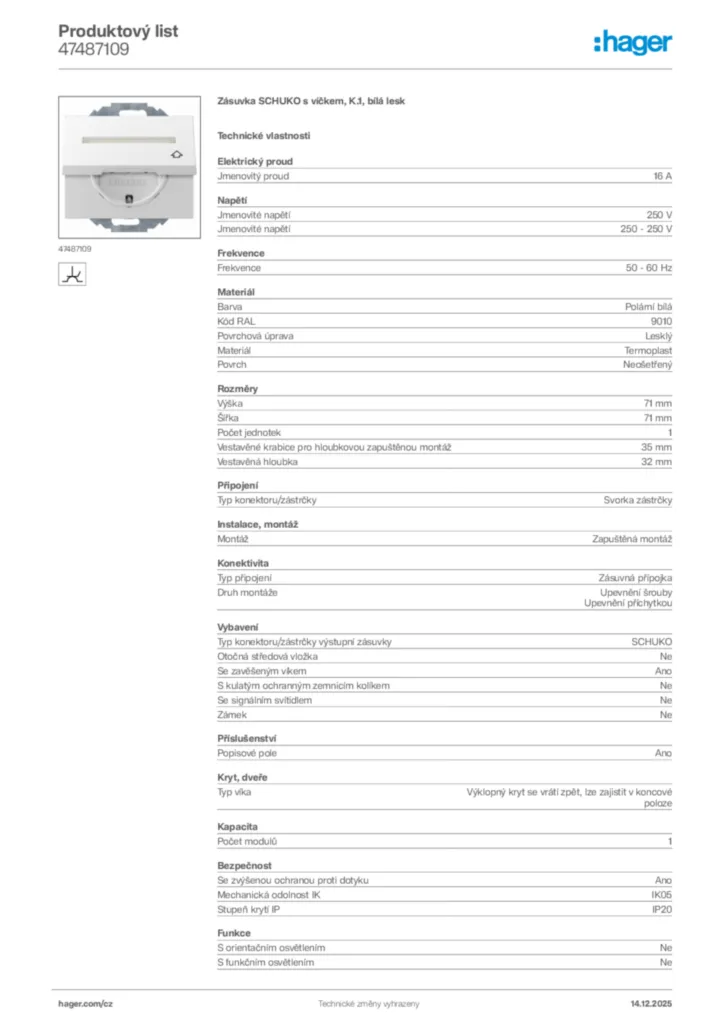 Obrázek Hager Produktový list 47487109 | Hager