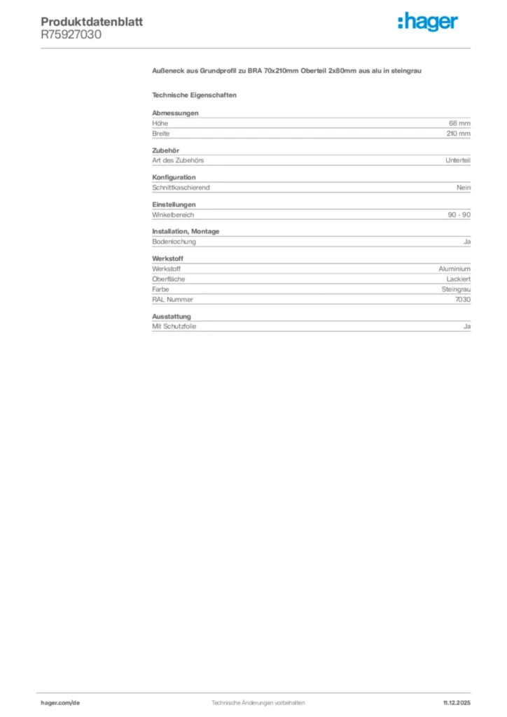 Bild Hager Produktdatenblatt R75927030 | Hager Deutschland