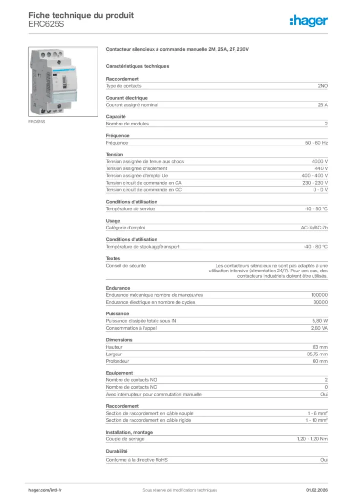 Image Hager Fiche technique du produit ERC625S | Hager Afrique