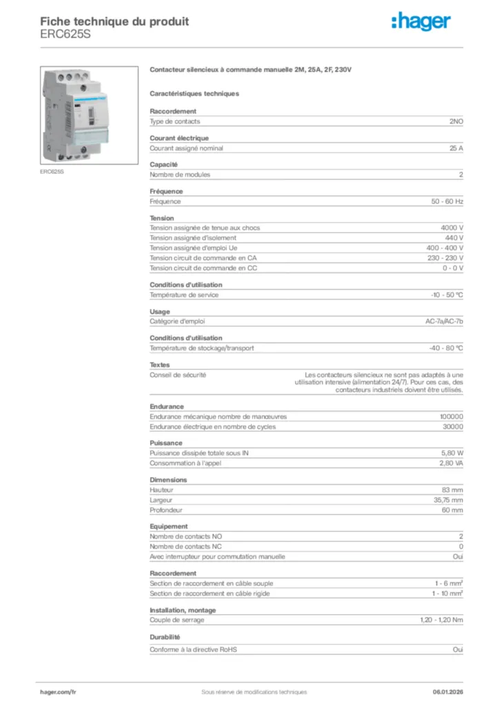Image Hager Fiche technique du produit ERC625S | Hager France