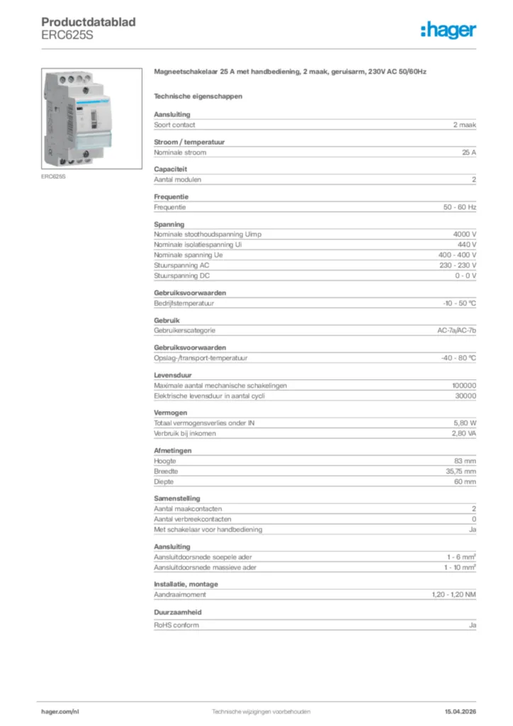 Afbeelding Hager Productdatablad ERC625S | Hager Nederland