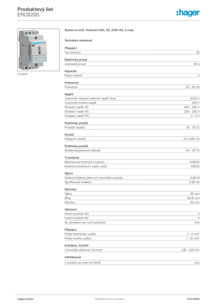 Obrázek Hager Product data sheet ERC625S | Hager