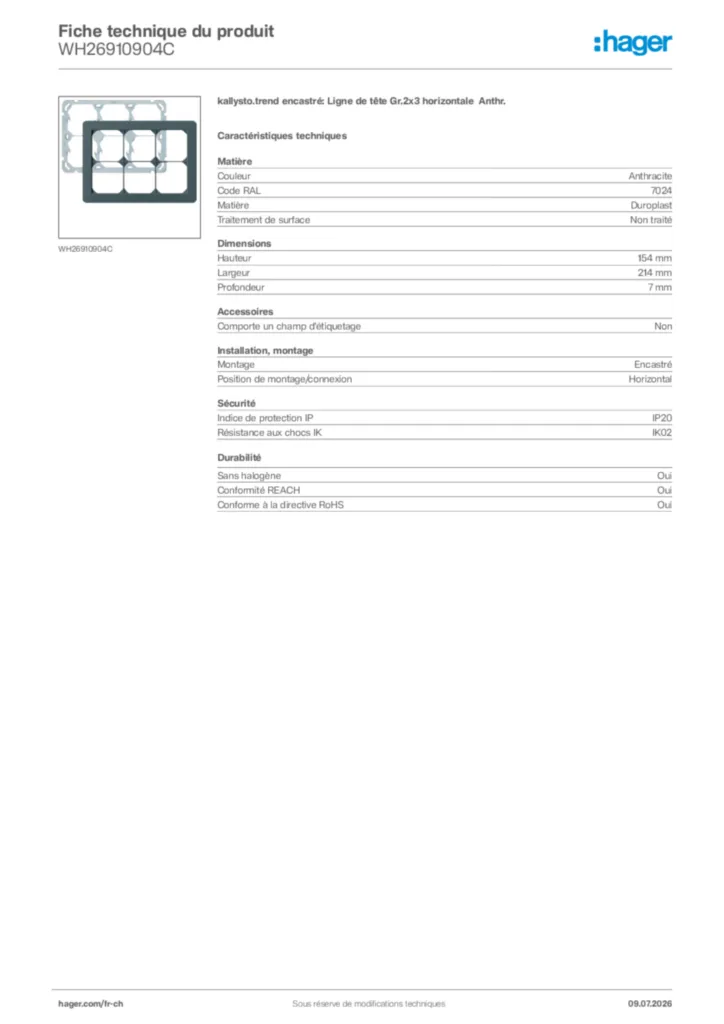 Image Hager Fiche technique du produit WH26910904C | Hager Suisse