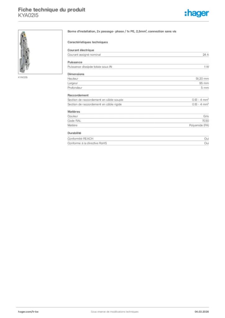 Image Hager Fiche technique du produit KYA02I5 | Hager Belgique