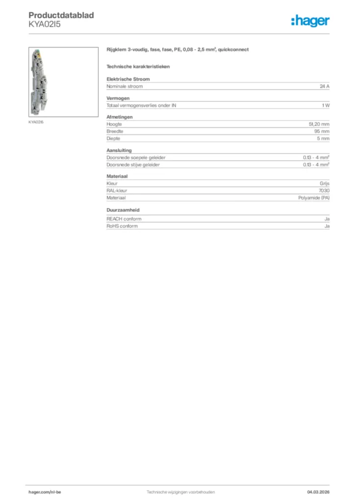 Afbeelding Hager Productdatablad KYA02I5 | Hager Belgium