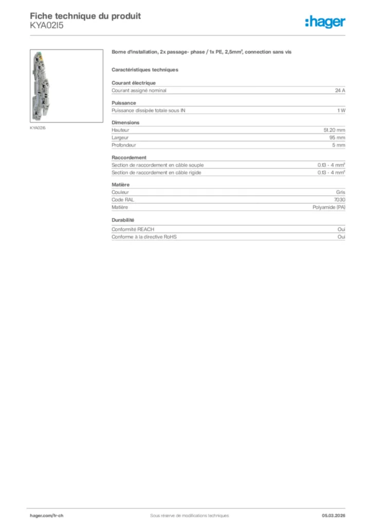 Image Hager Fiche technique du produit KYA02I5 | Hager Suisse