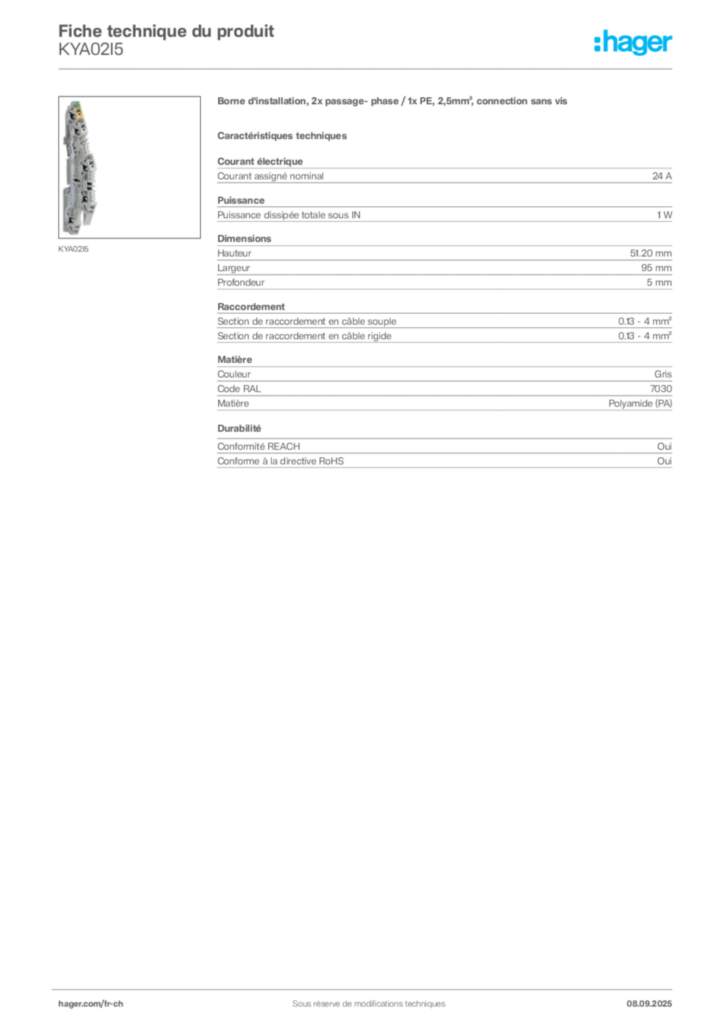 Image Hager Fiche technique du produit KYA02I5 | Hager Suisse