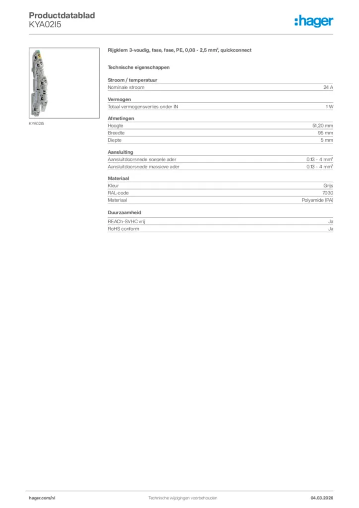 Afbeelding Hager Productdatablad KYA02I5 | Hager Nederland