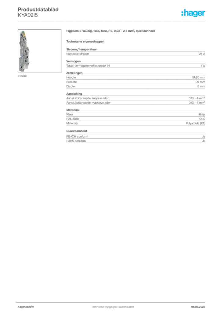 Afbeelding Hager Productdatablad KYA02I5 | Hager Nederland