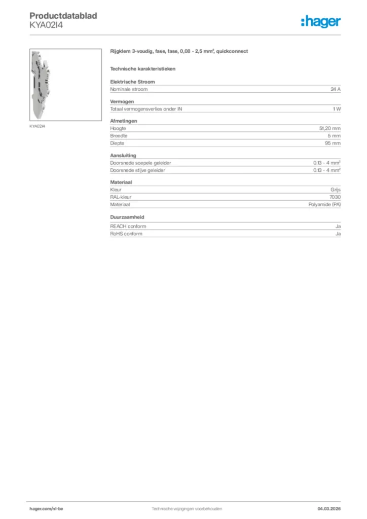 Afbeelding Hager Productdatablad KYA02I4 | Hager Belgium