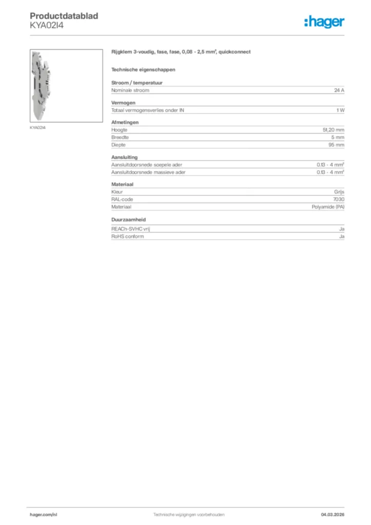 Afbeelding Hager Productdatablad KYA02I4 | Hager Nederland
