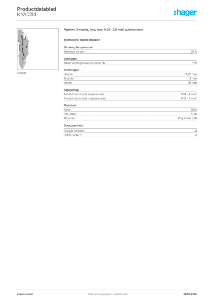 Afbeelding Hager Productdatablad KYA02I4 | Hager Nederland