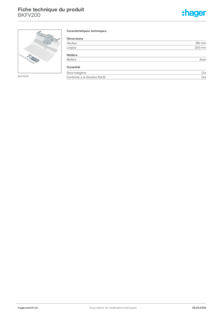 Image Hager Fiche technique du produit BKFV200 | Hager Suisse