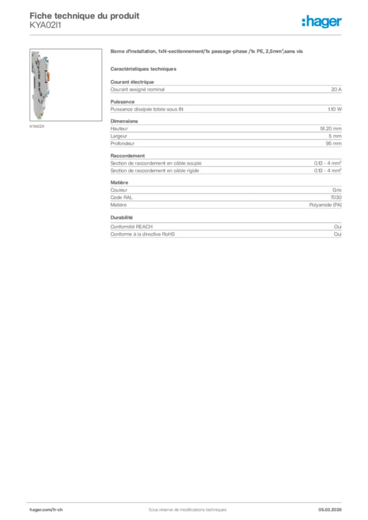 Image Hager Fiche technique du produit KYA02I1 | Hager Suisse