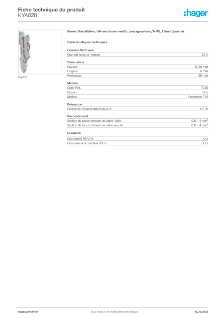 Image Hager Fiche technique du produit KYA02I1 | Hager Suisse