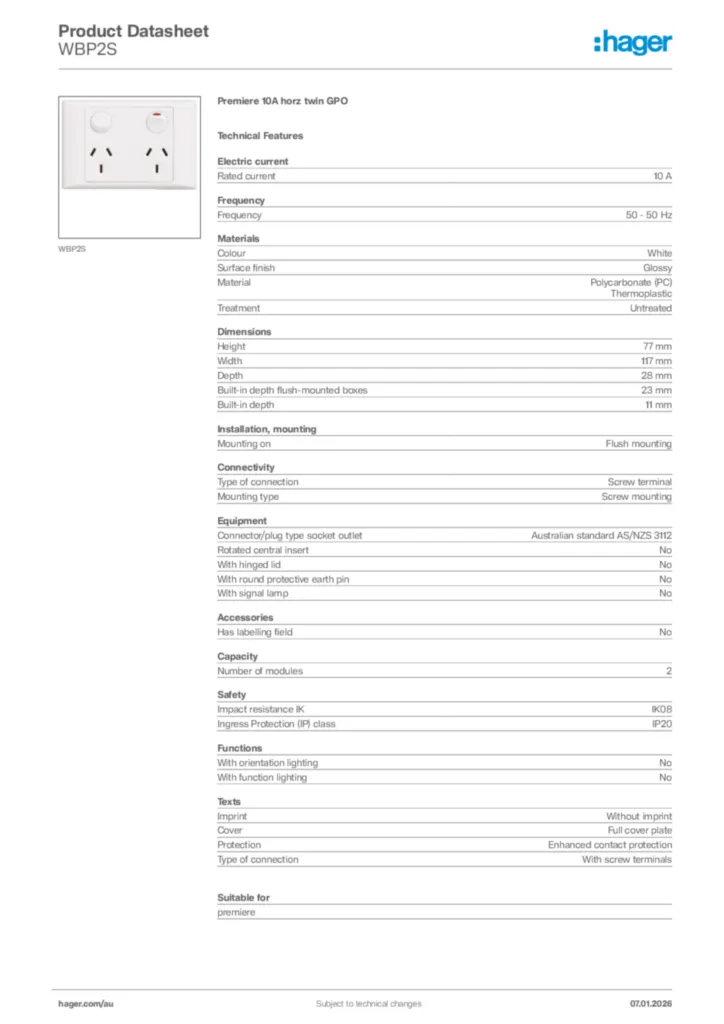 Image Hager Product data sheet WBP2S  | Hager Australia