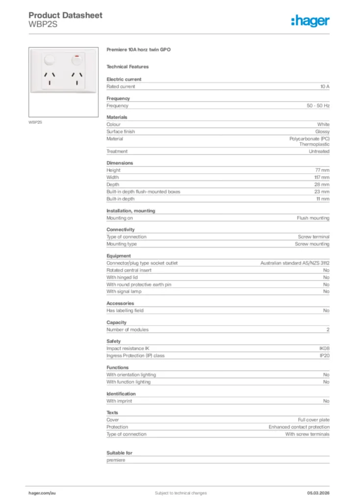 Image Hager Product data sheet WBP2S  | Hager Australia