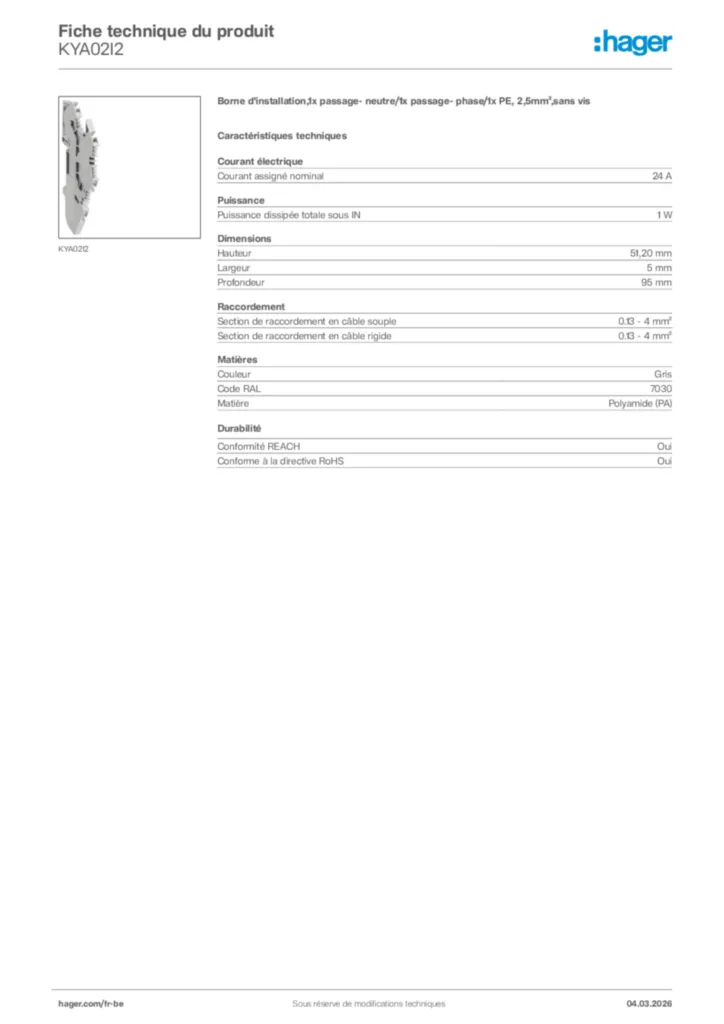 Image Hager Fiche technique du produit KYA02I2 | Hager Belgique