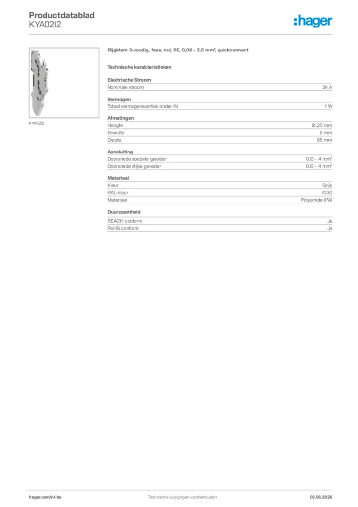 Afbeelding Hager Productdatablad KYA02I2 | Hager Belgium