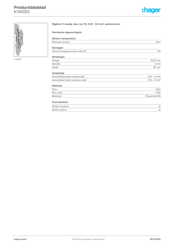 Afbeelding Hager Productdatablad KYA02I2 | Hager Nederland