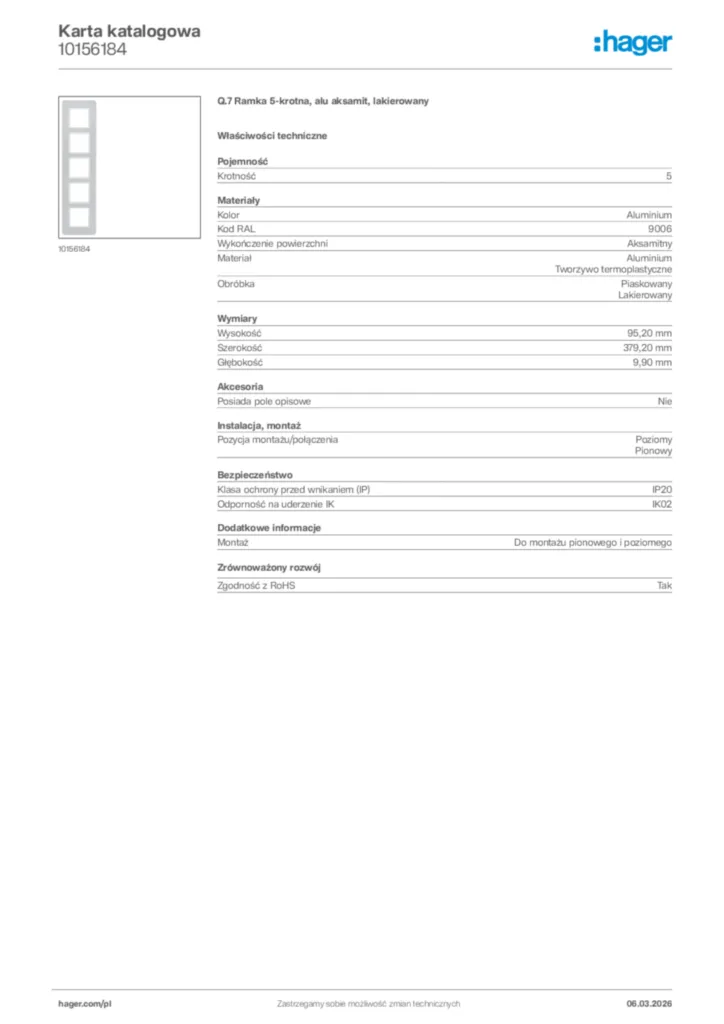 Zdjęcie Hager Karta katalogowa 10156184 | Hager Polska