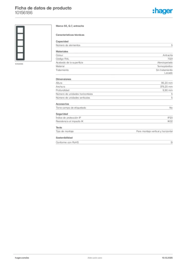 Imagen Hager Ficha de datos de producto 10156186 | Hager España